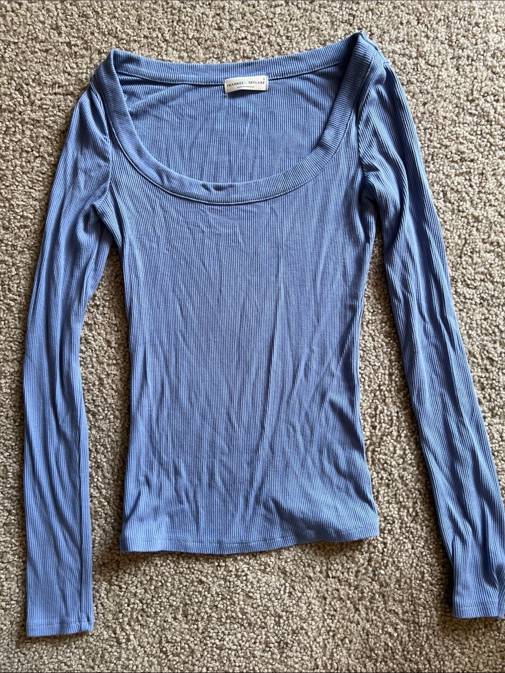 Blue Ribbed Long-Sleeve Scoop Neck Top